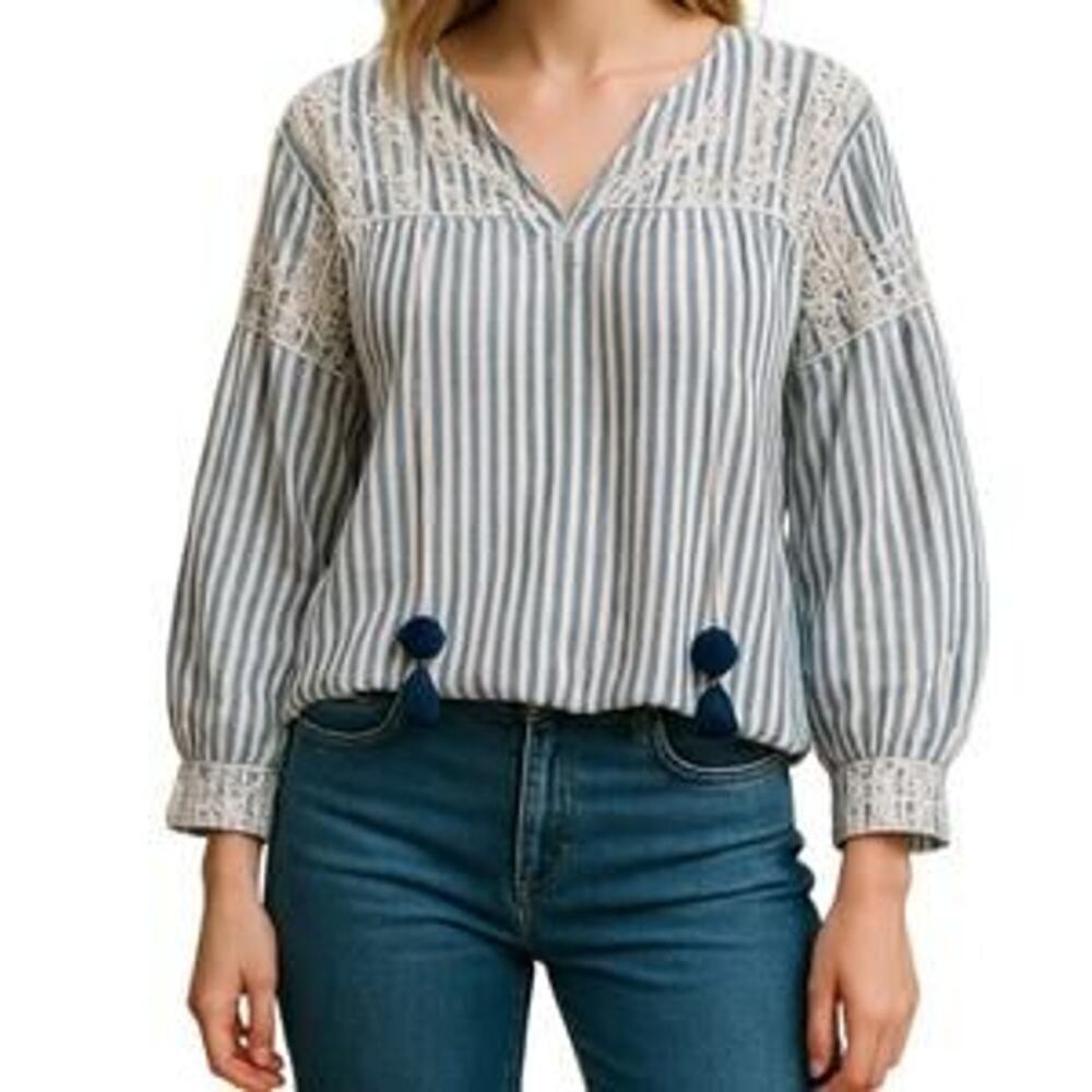LoveShackFancy Striped Eyelet Cotton Long Sleeve Blouse Blue Women's Size Medium